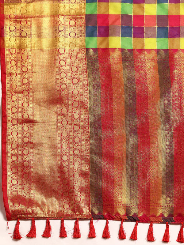 Multicolor Kanjeevaram Silk ColorBlock Checked Saree with Unstitched Blouse - Hiral Fashion | Grocsy