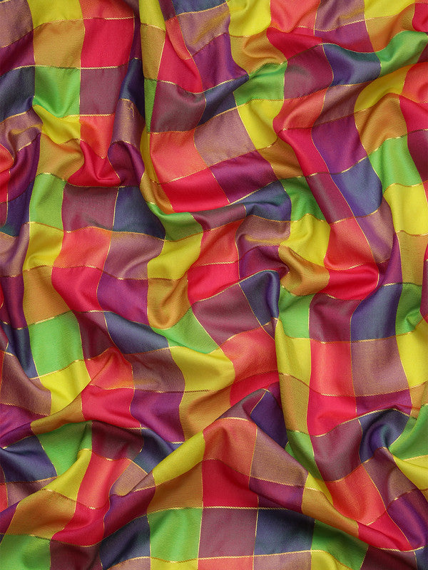 Multicolor Kanjeevaram Silk ColorBlock Checked Saree with Unstitched Blouse - Hiral Fashion | Grocsy
