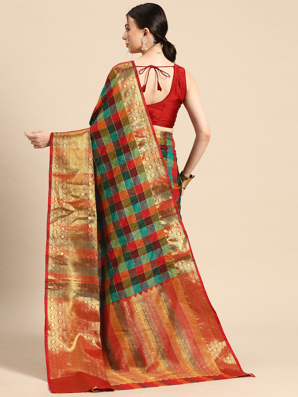 Multicolor Kanjeevaram Silk ColorBlock Checked Saree with Unstitched Blouse - Hiral Fashion | Grocsy