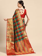 Multicolor Kanjeevaram Silk ColorBlock Checked Saree with Unstitched Blouse - Hiral Fashion | Grocsy
