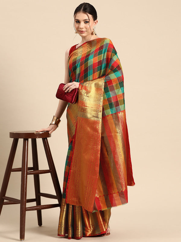 Multicolor Kanjeevaram Silk ColorBlock Checked Saree with Unstitched Blouse - Hiral Fashion | Grocsy