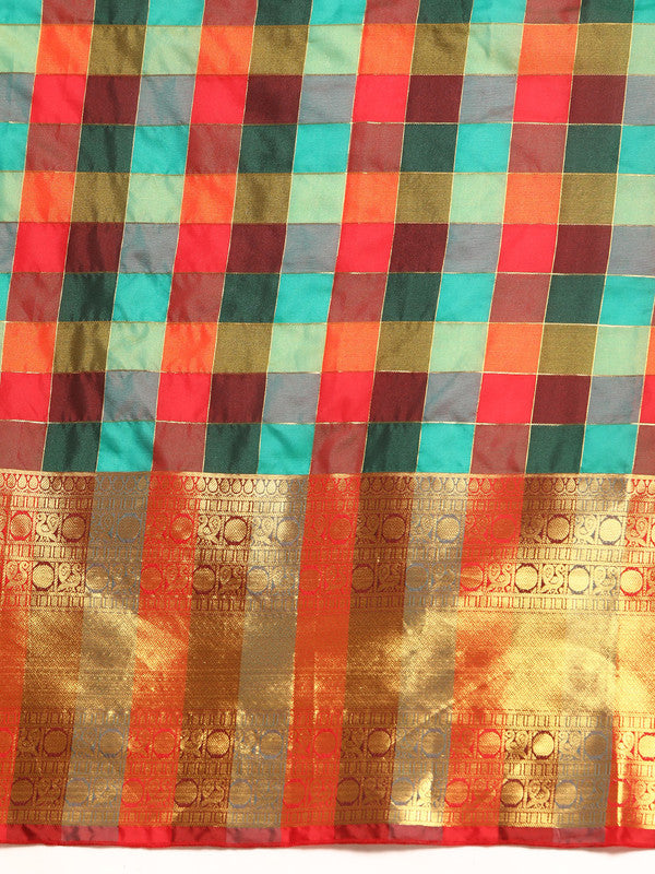 Multicolor Kanjeevaram Silk ColorBlock Checked Saree with Unstitched Blouse - Hiral Fashion | Grocsy