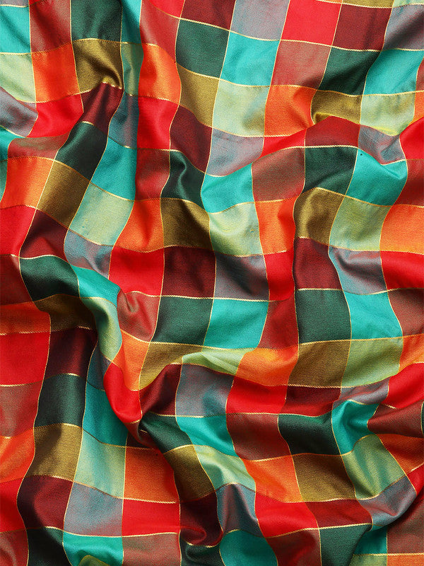 Multicolor Kanjeevaram Silk ColorBlock Checked Saree with Unstitched Blouse - Hiral Fashion | Grocsy