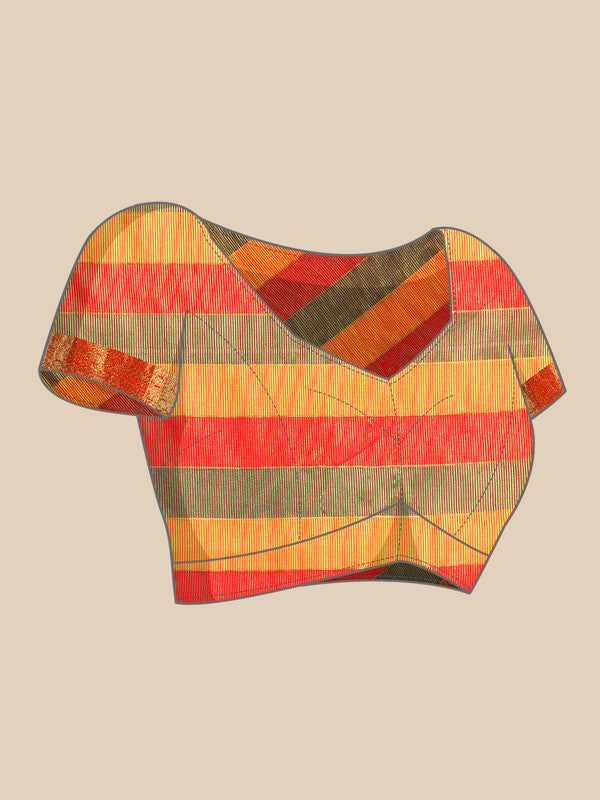Multicolor Kanjeevaram Silk ColorBlock Checked Saree with Unstitched Blouse - Hiral Fashion | Grocsy