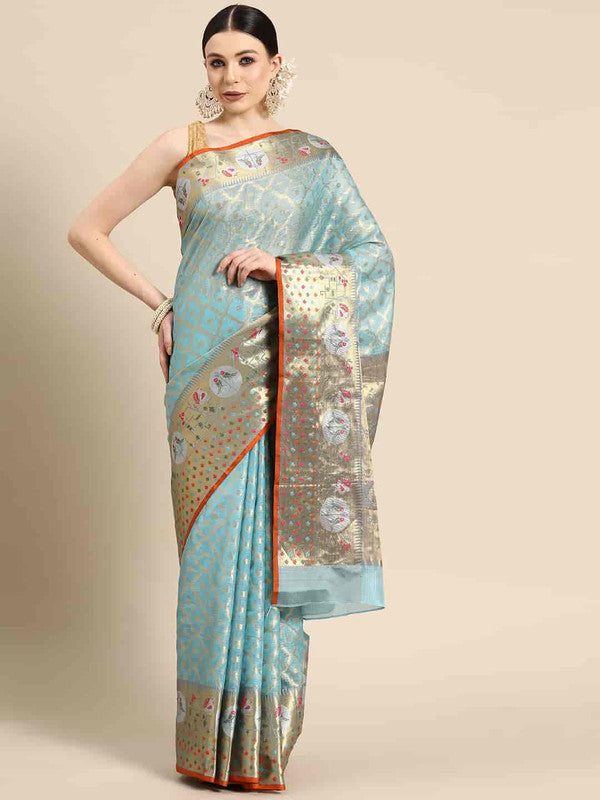 Blue Tissue Silk Woven Zari Design Geomatric Saree with Unstitched Blouse - Hiral Fashion | Grocsy