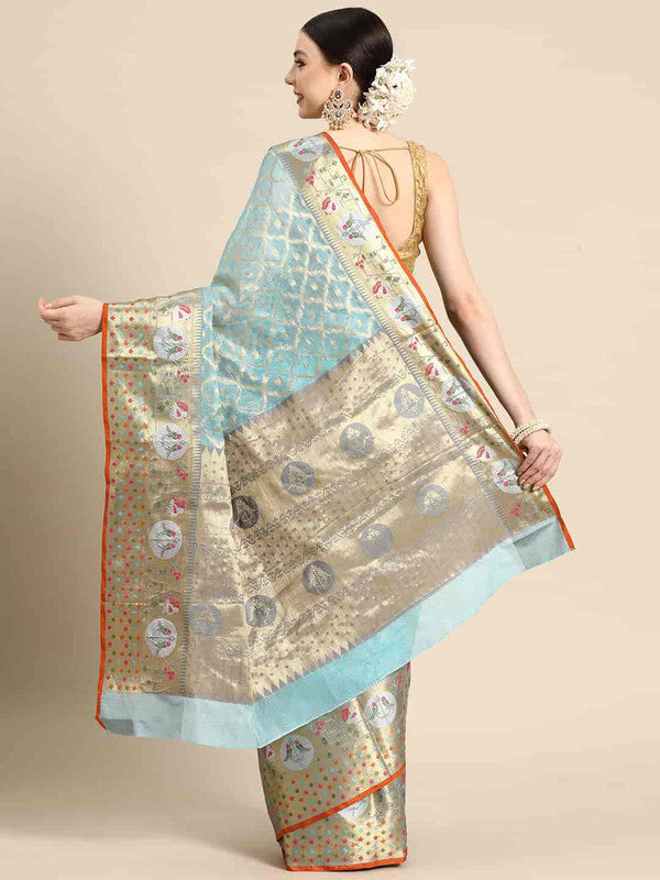 Blue Tissue Silk Woven Zari Design Geomatric Saree with Unstitched Blouse - Hiral Fashion | Grocsy