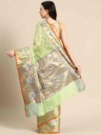 Green Tissue Silk Woven Zari Design Geomatric Saree with Unstitched Blouse - Hiral Fashion | Grocsy