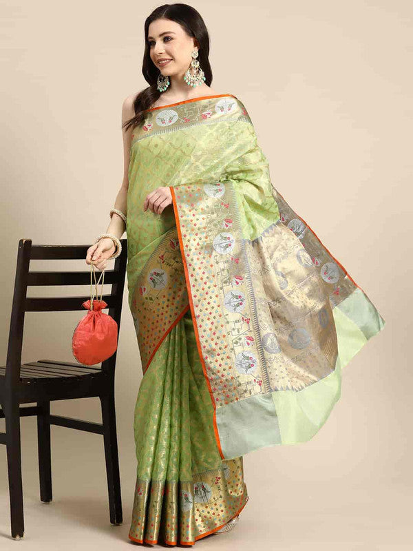 Green Tissue Silk Woven Zari Design Geomatric Saree with Unstitched Blouse - Hiral Fashion | Grocsy