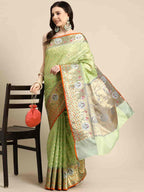 Green Tissue Silk Woven Zari Design Geomatric Saree with Unstitched Blouse - Hiral Fashion | Grocsy
