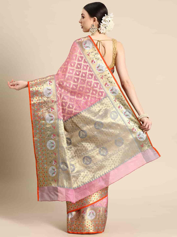 Pink Tissue Silk Woven Zari Design Geomatric Saree with Unstitched Blouse - Hiral Fashion | Grocsy