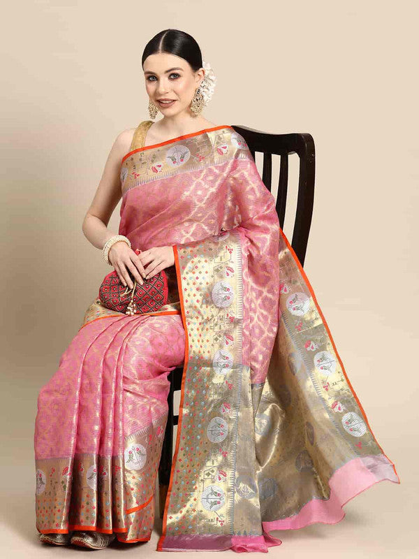 Pink Tissue Silk Woven Zari Design Geomatric Saree with Unstitched Blouse - Hiral Fashion | Grocsy