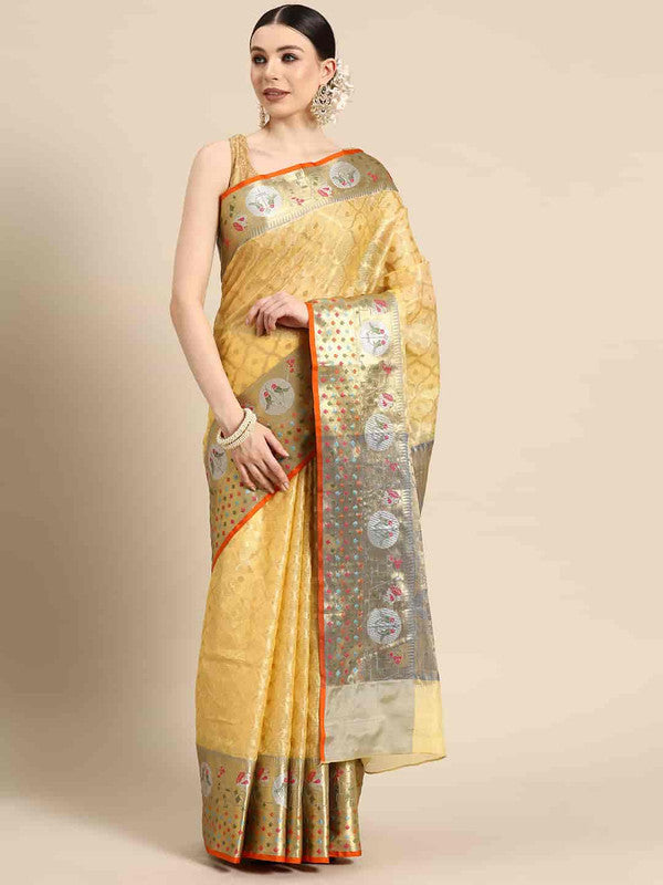 Yellow Tissue Silk Woven Zari Design Geomatric Saree with Unstitched Blouse - Hiral Fashion | Grocsy