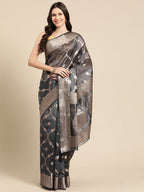 Black Organza Silk Woven Zari Design Floral Saree with Unstitched Blouse - Hiral Fashion | Grocsy