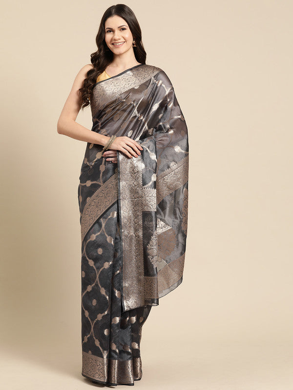 Black Organza Silk Woven Zari Design Floral Saree with Unstitched Blouse - Hiral Fashion | Grocsy