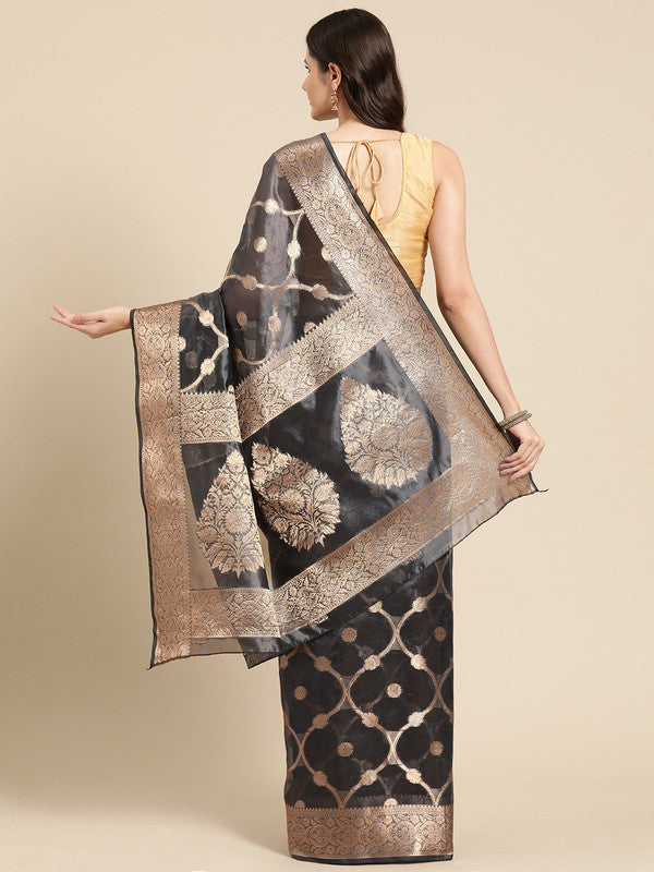 Black Organza Silk Woven Zari Design Floral Saree with Unstitched Blouse - Hiral Fashion | Grocsy
