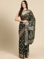 Green Organza Silk Woven Zari Design Floral Saree with Unstitched Blouse - Hiral Fashion | Grocsy