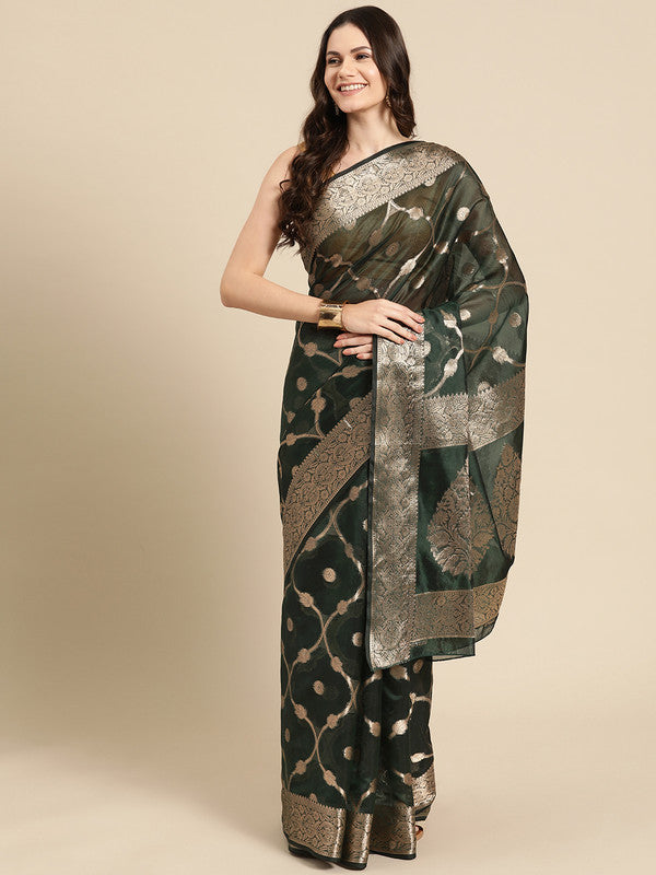 Green Organza Silk Woven Zari Design Floral Saree with Unstitched Blouse - Hiral Fashion | Grocsy
