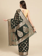 Green Organza Silk Woven Zari Design Floral Saree with Unstitched Blouse - Hiral Fashion | Grocsy