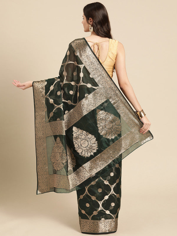 Green Organza Silk Woven Zari Design Floral Saree with Unstitched Blouse - Hiral Fashion | Grocsy