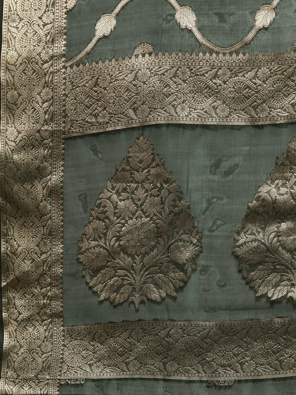 Green Organza Silk Woven Zari Design Floral Saree with Unstitched Blouse - Hiral Fashion | Grocsy