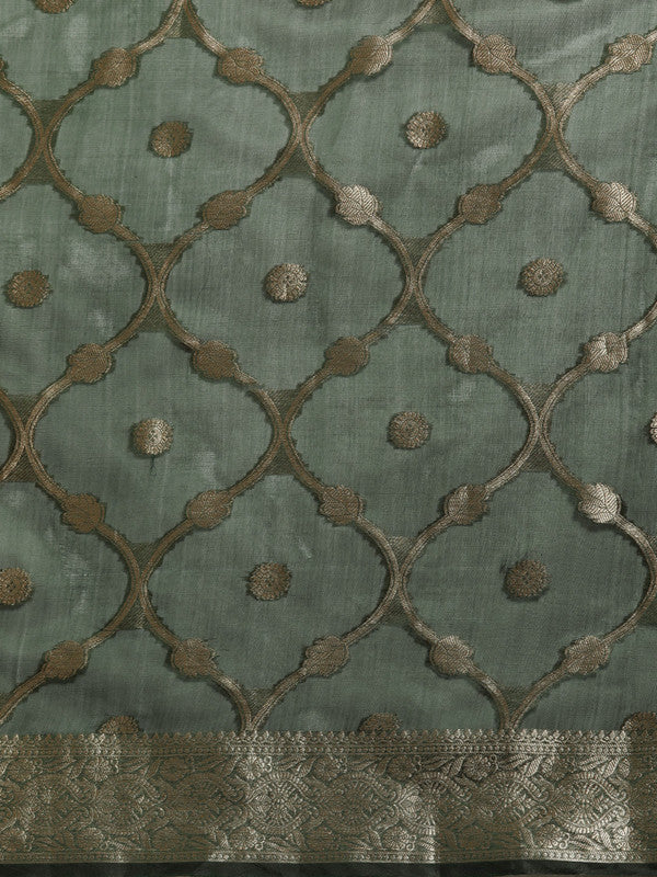 Green Organza Silk Woven Zari Design Floral Saree with Unstitched Blouse - Hiral Fashion | Grocsy