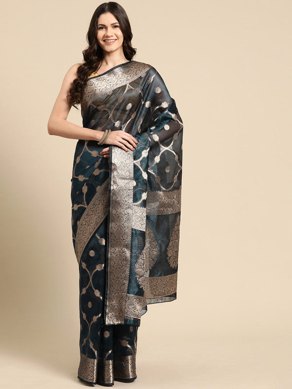 Turquoise Organza Silk Woven Zari Design Floral Saree with Unstitched Blouse - Hiral Fashion | Grocsy