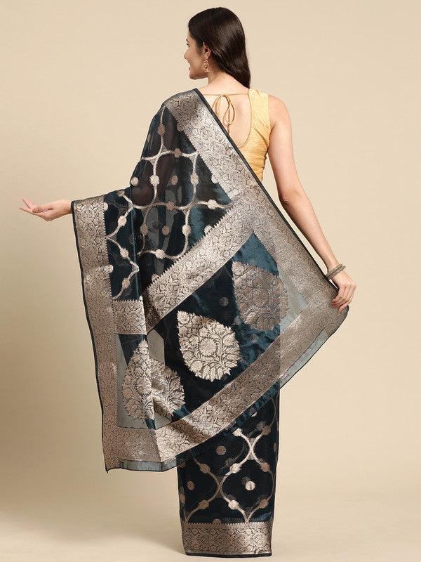 Turquoise Organza Silk Woven Zari Design Floral Saree with Unstitched Blouse - Hiral Fashion | Grocsy