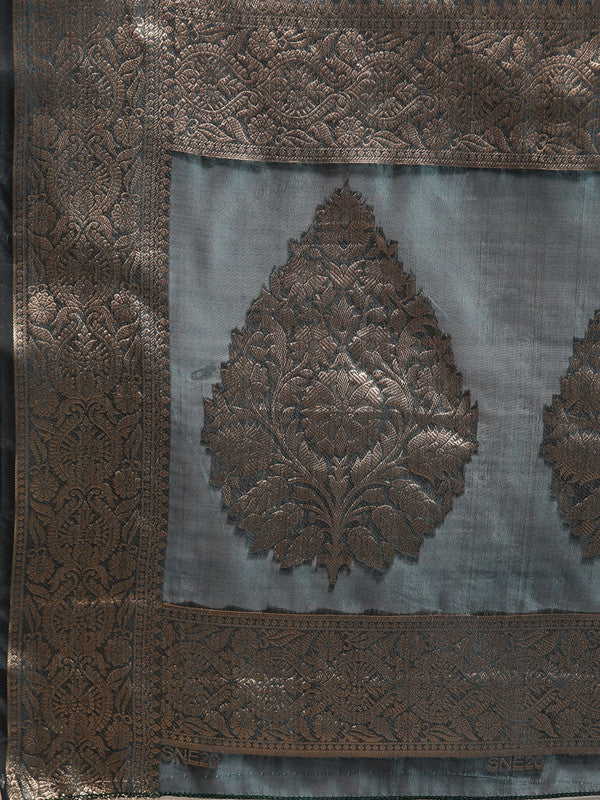 Turquoise Organza Silk Woven Zari Design Floral Saree with Unstitched Blouse - Hiral Fashion | Grocsy