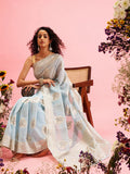 Blue Linen Woven Thread Floral Saree with Unstitched Blouse - Hiral Fashion | Grocsy