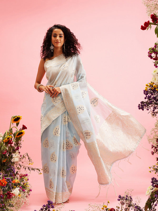 Blue Linen Woven Thread Floral Saree with Unstitched Blouse - Hiral Fashion | Grocsy