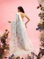 Blue Linen Woven Thread Floral Saree with Unstitched Blouse - Hiral Fashion | Grocsy