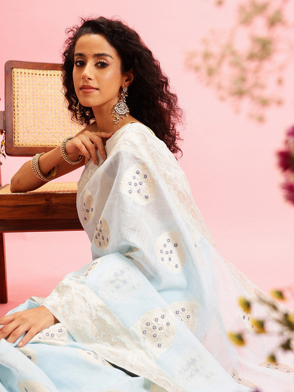 Blue Linen Woven Thread Floral Saree with Unstitched Blouse - Hiral Fashion | Grocsy