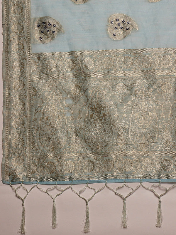 Blue Linen Woven Thread Floral Saree with Unstitched Blouse - Hiral Fashion | Grocsy