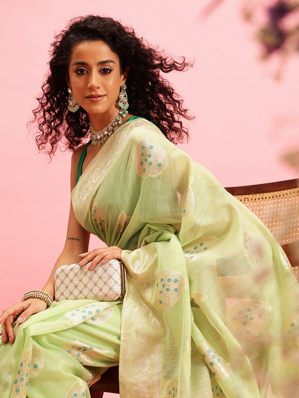 Green Linen Woven Thread Floral Saree with Unstitched Blouse - Hiral Fashion | Grocsy