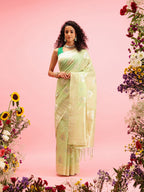 Green Linen Woven Thread Floral Saree with Unstitched Blouse - Hiral Fashion | Grocsy