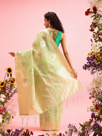 Green Linen Woven Thread Floral Saree with Unstitched Blouse - Hiral Fashion | Grocsy