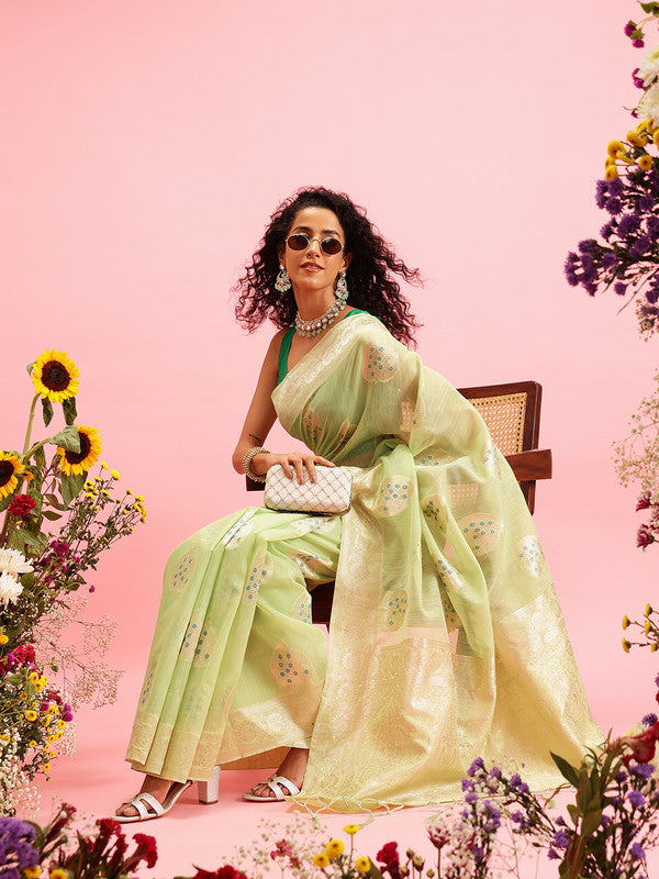 Green Linen Woven Thread Floral Saree with Unstitched Blouse - Hiral Fashion | Grocsy