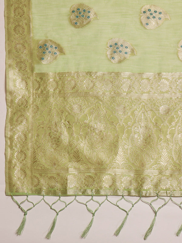 Green Linen Woven Thread Floral Saree with Unstitched Blouse - Hiral Fashion | Grocsy