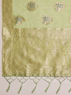 Green Linen Woven Thread Floral Saree with Unstitched Blouse - Hiral Fashion | Grocsy