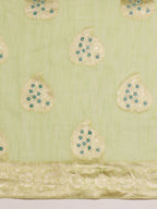 Green Linen Woven Thread Floral Saree with Unstitched Blouse - Hiral Fashion | Grocsy