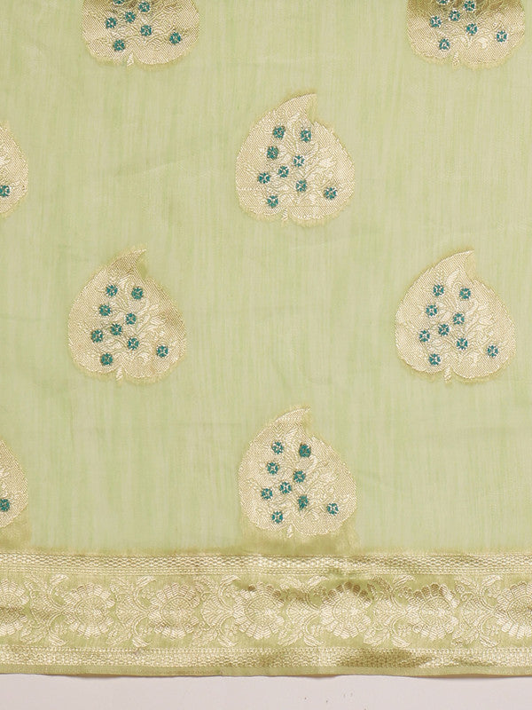 Green Linen Woven Thread Floral Saree with Unstitched Blouse - Hiral Fashion | Grocsy