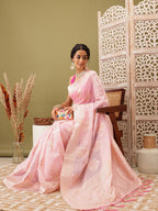Light Pink Linen Woven Thread Floral Saree with Unstitched Blouse - Hiral Fashion | Grocsy