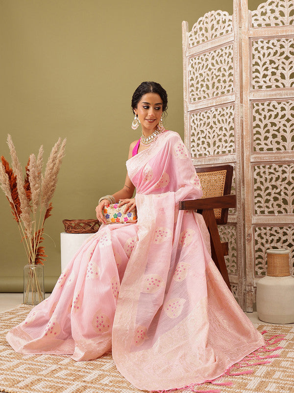 Light Pink Linen Woven Thread Floral Saree with Unstitched Blouse - Hiral Fashion | Grocsy