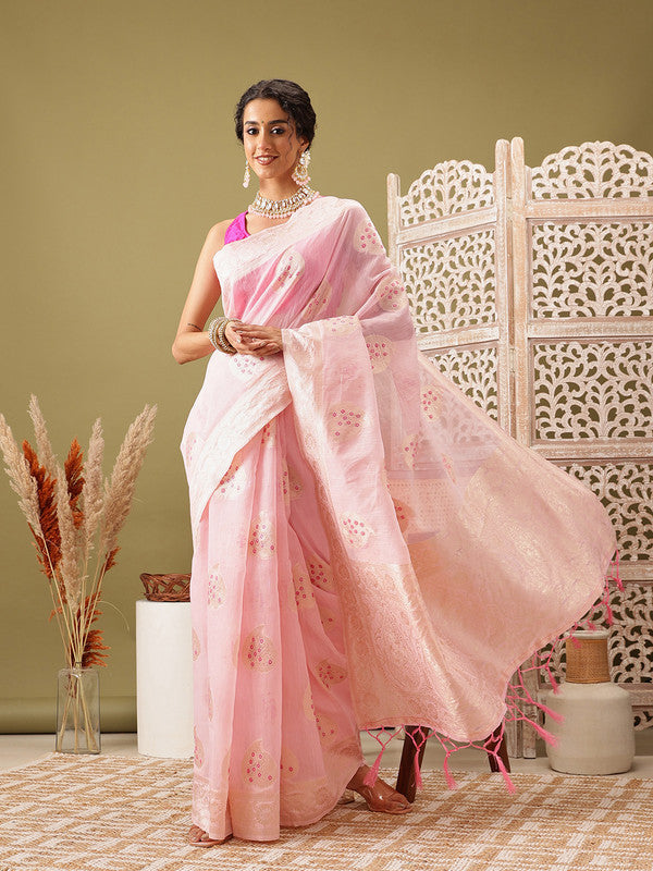 Light Pink Linen Woven Thread Floral Saree with Unstitched Blouse - Hiral Fashion | Grocsy