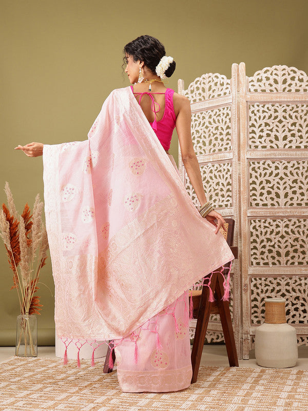 Light Pink Linen Woven Thread Floral Saree with Unstitched Blouse - Hiral Fashion | Grocsy