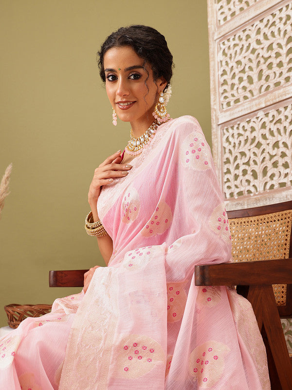 Light Pink Linen Woven Thread Floral Saree with Unstitched Blouse - Hiral Fashion | Grocsy