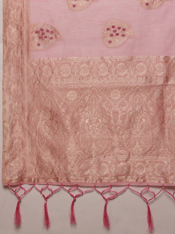 Light Pink Linen Woven Thread Floral Saree with Unstitched Blouse - Hiral Fashion | Grocsy