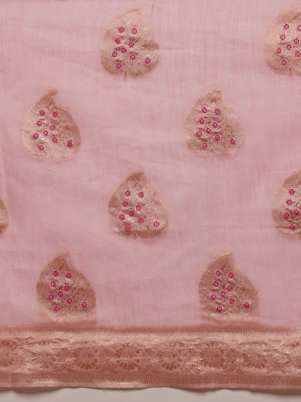 Light Pink Linen Woven Thread Floral Saree with Unstitched Blouse - Hiral Fashion | Grocsy