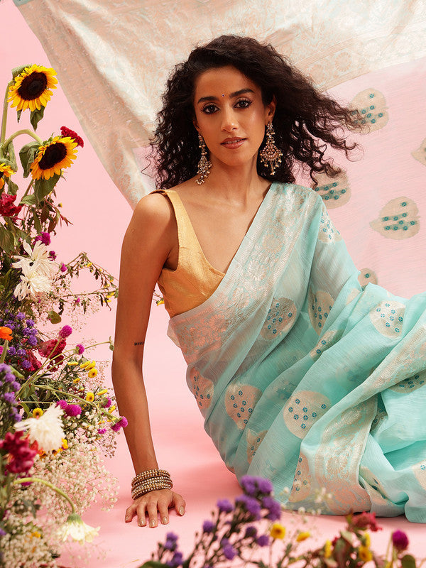 Turquoise Linen Woven Thread Floral Saree with Unstitched Blouse - Hiral Fashion | Grocsy