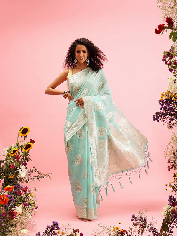 Turquoise Linen Woven Thread Floral Saree with Unstitched Blouse - Hiral Fashion | Grocsy